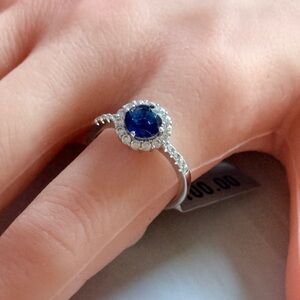 925 Sterling Silver Blue Sapphire-Style Halo Ring Size 8